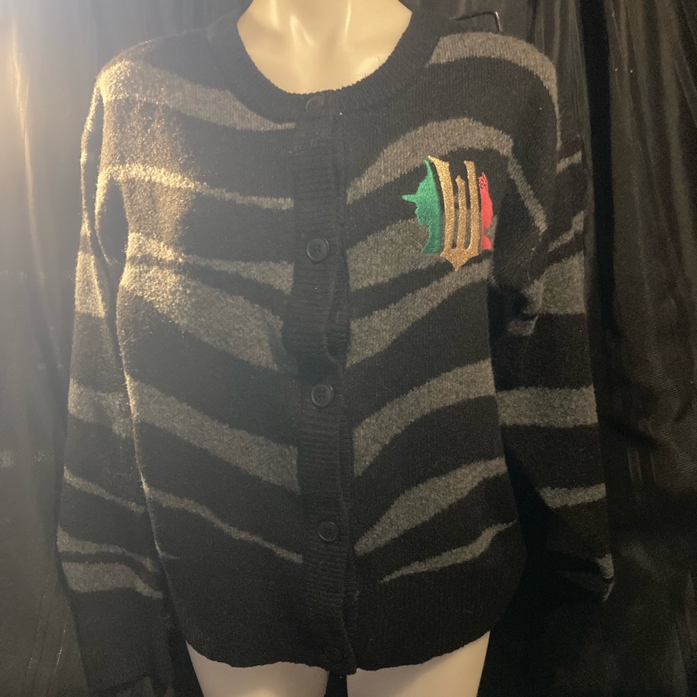 Wicked Black and Gray Striped Button-Front Women's Cardigan with Colorful Crest